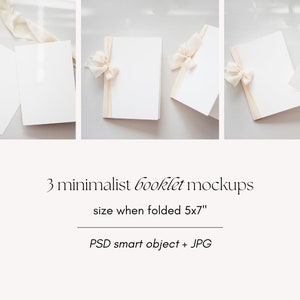 May include: Three minimalist booklet mockups with a beige ribbon tied in a bow on each. The booklets are 5x7 inches when folded.  The mockups are on a light gray surface.