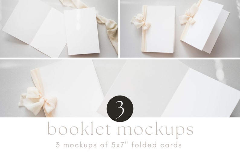 May include: Three mockups of folded cards, each with a white background and a delicate beige ribbon tied in a bow. The cards are arranged on a light gray surface. The text "booklet mockups" and "3 mockups of 5x7" folded cards" is displayed below the cards.
