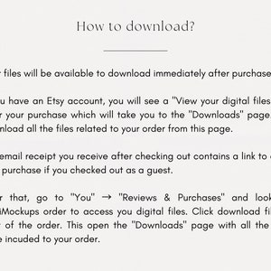 Pu&ograve; includere: Uno sfondo bianco con testo nero che spiega come scaricare file digitali dopo aver acquistato su Etsy. Il testo include istruzioni per scaricare i file dopo aver acquistato con un account Etsy, nonch&eacute; istruzioni per scaricare i file dopo aver acquistato come ospite.