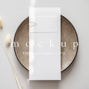 Tarjeta de menú 4x9 con maqueta de tarjeta de lugar de 2x3.5, menú de boda boho y tarjeta de lugar, maqueta de menú de cena de boda moderna, objeto inteligente