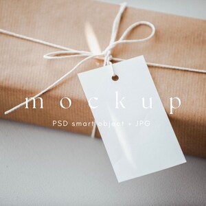 Op de afbeelding: Een bruin papieren pakketje gebonden met touw en een blanco wit cadeau-etiket. Het etiket heeft een geperforeerd gat bovenaan en is gelabeld "mockup PSD smartobject + JPG".