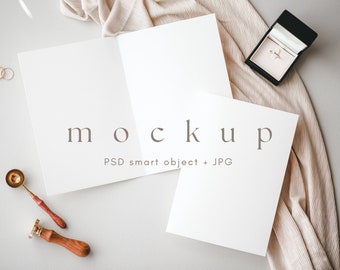 5x7 Folded card mockup, Wedding Vow Booklet Mock Up, Folded minimalist wedding program mock up, PSD smart object + JPG