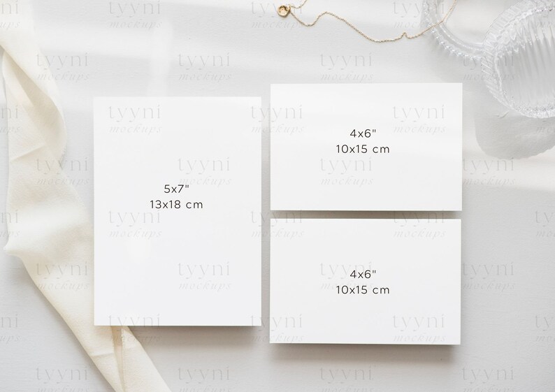 May include: Two white card mockups on a white background. The card on the left is 5x7 inches (13x18 cm) and the card on the right is 4x6 inches (10x15 cm).
