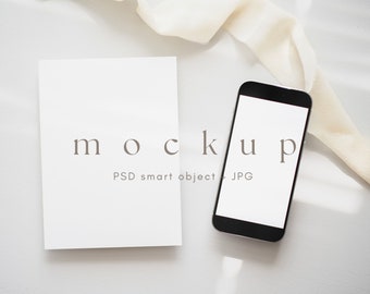 Card and Smartphone mockup, iPhone screen mockup, Digital invitation mockup, Invite and smart phone, Boho card and device mockup