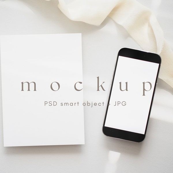 Card and Smartphone mockup, iPhone screen mockup, Digital invitation mockup, Invite and smart phone, Boho card and device mockup