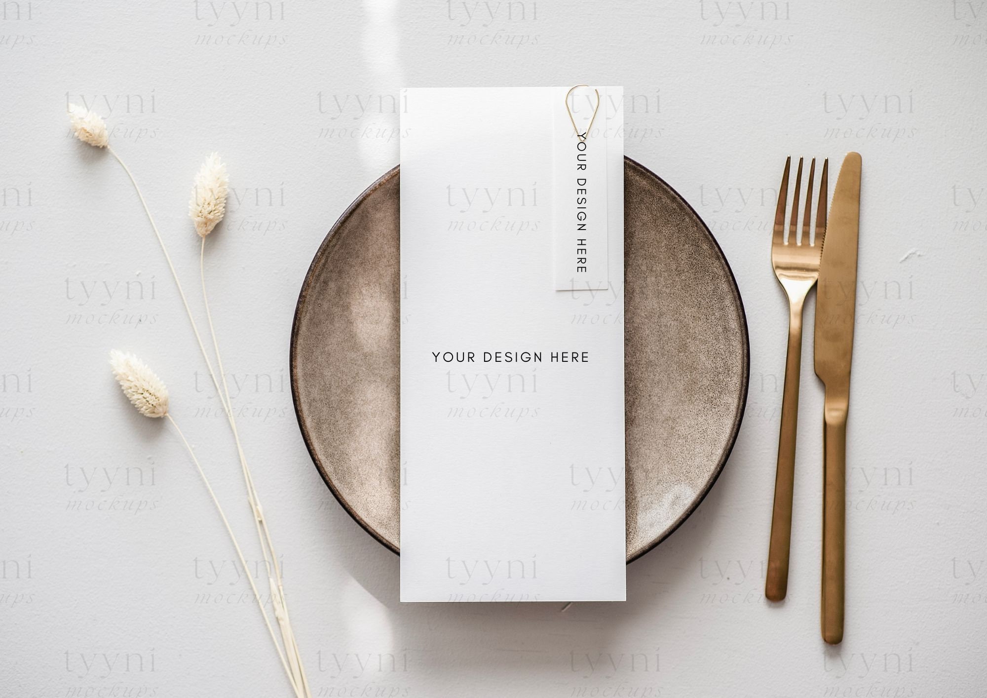 4x9 Menu Card With Skinny Place Card Mockup, Boho Wedding Menu and
