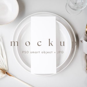 Maqueta de menú blanco tarjeta 4x9, maqueta de menú de boda Boho, maqueta de menú de cena de boda moderna, maqueta de menú de evento simple, DESCARGA INSTANTÁNEA