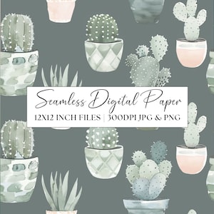 Papel digital de cactus, patrón sin costuras de plantas en maceta, invitación a fiesta temática de cactus, fondo repetido, imagen de álbum de recortes, diario basura del desierto