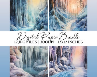 Eisige Landschaft Digitales Papier, 12x JPG abstraktes Aquarell Eiszapfen Schnee Eis Clipart Sofortiger Download Grafiken Hintergrund Illustration Texturen