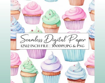 Cupcakes Digital Paper, Pastel Watercolour Seamless Pattern, Wedding Party Invite Clipart, Repeating Background Scrapbook Paper Stationery