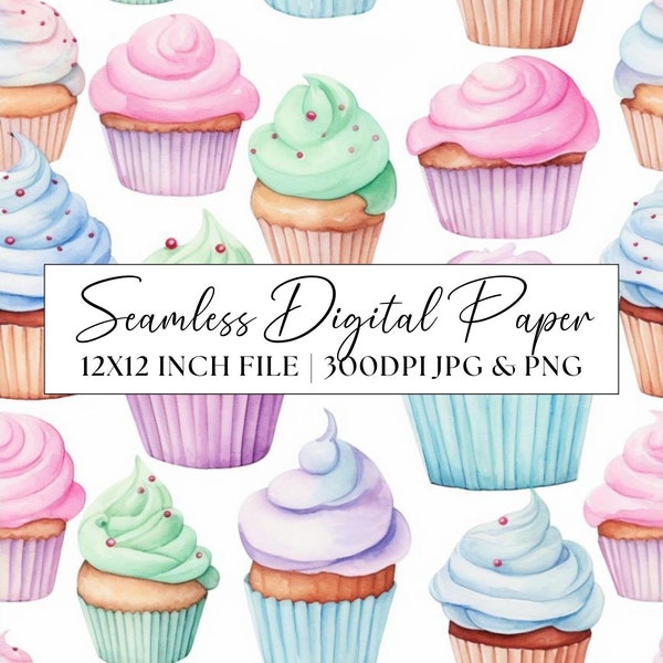 Cupcakes Digital Paper, Pastel Watercolour Seamless Pattern, Wedding Party Invite Clipart, Repeating Background Scrapbook Paper Stationery