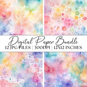 Rainbow Splashes Digital Paper JPG Watercolour Patterns Clipart Unique Abstract Graphics Backgrounds Illustration Textures Instant Download