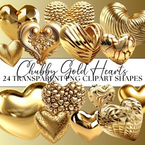Pacote de clipart de corações de ouro, objetos artesanais amor de casamento dia dos namorados 24x transparente PNG brilhante gordinho 3D conjunto de corações para uso comercial