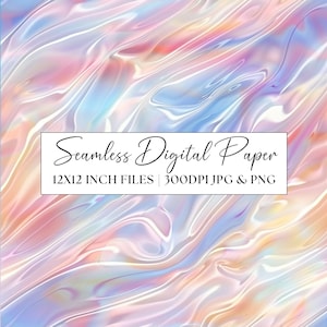 May include: Seamless digital paper with a flowing, iridescent design in shades of pink, blue, and yellow. The image includes the text "Seamless Digital Paper" and "12x12 inch files | 300DPI JPG & PNG". The background has a gradient of blue and purple.