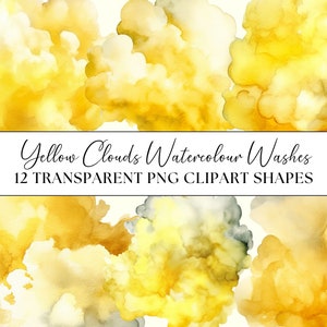May include: Yellow watercolor cloud shapes. 12 transparent PNG clipart shapes.  Yellow Clouds Watercolor Washes.