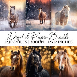 Papier numérique Chevaux enneigés, effet bokeh, arrière-plans hiver imprimables, flou artistique, thème de Noël, téléchargement immédiat 12 x JPG