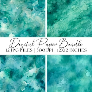 May include: A digital paper bundle showcasing four watercolour designs in teal and turquoise hues. The image includes the text "Digital Paper Bundle" and details about the files, including 12 JPG files, 300 DPI, and 30.5x30.5 cm.
