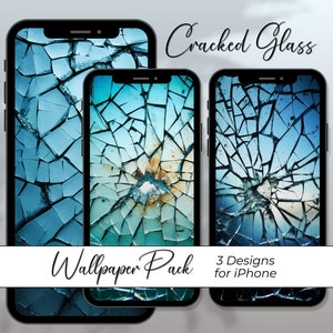 Può includere: Tre mockup di iPhone che mostrano design in vetro rotto. Gli sfondi presentano un effetto vetro infranto in tonalità blu e verde acqua. Il testo "Cracked Glass" e "Wallpaper Pack 3 Designs for iPhone" sono visualizzati.