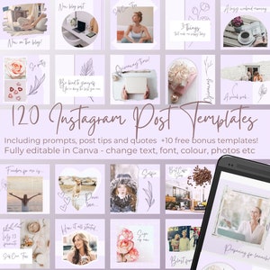 Puede incluir: Una colección de 120 plantillas de publicaciones de Instagram para marketing en redes sociales. Las plantillas presentan una variedad de diseños con un fondo morado y acentos florales. El texto "120 plantillas de publicaciones de Instagram" se muestra en una fuente grande y en negrita. El texto "¡Incluye indicaciones, consejos para publicaciones y citas +10 plantillas de bonificación gratuitas!" se muestra en una fuente más pequeña debajo del título principal. El texto "Totalmente editable en Canva: cambia el texto, la fuente, el color, las fotos, etc." se muestra en una fuente más pequeña debajo del texto anterior.