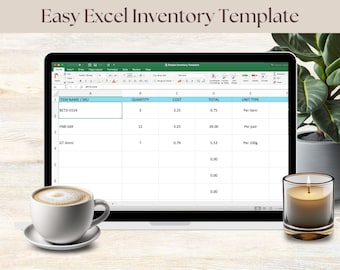 May include: A screenshot of an Excel spreadsheet on a laptop computer. The spreadsheet is titled "Easy Excel Inventory Template". The spreadsheet has columns for item name, quantity, cost, total, and unit type. The first row of the spreadsheet contains the following data: BETD-0154, 3, 3.25, 9.75, Per item.