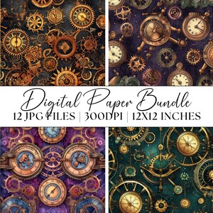 May include: A digital paper bundle with 12 JPG files, each 300 DPI and 12x12 inches. The images feature a steampunk design with intricate clockwork patterns and gears in shades of gold, purple, and green.