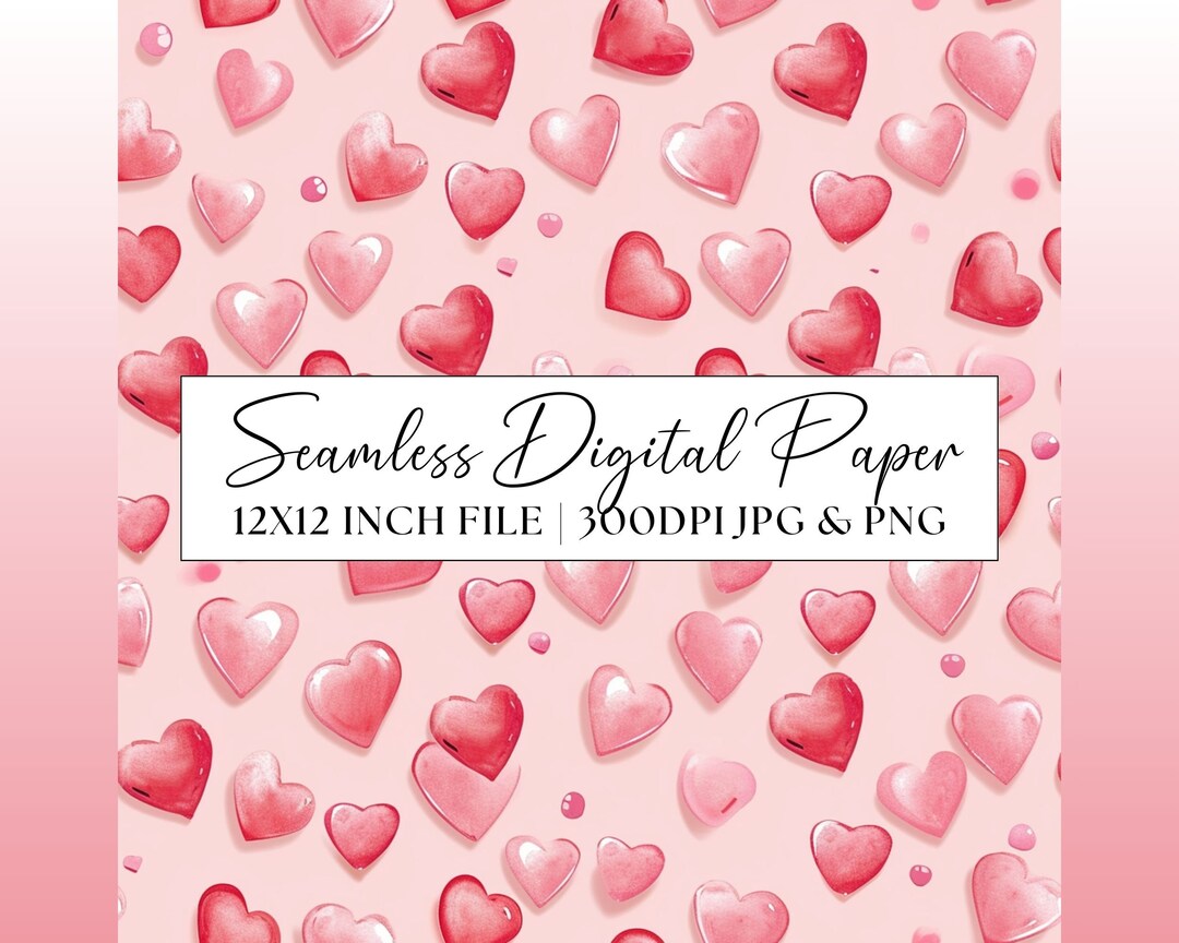 Pink Hearts Digital Paper, Watercolour Valentine's Seamless Pattern ...