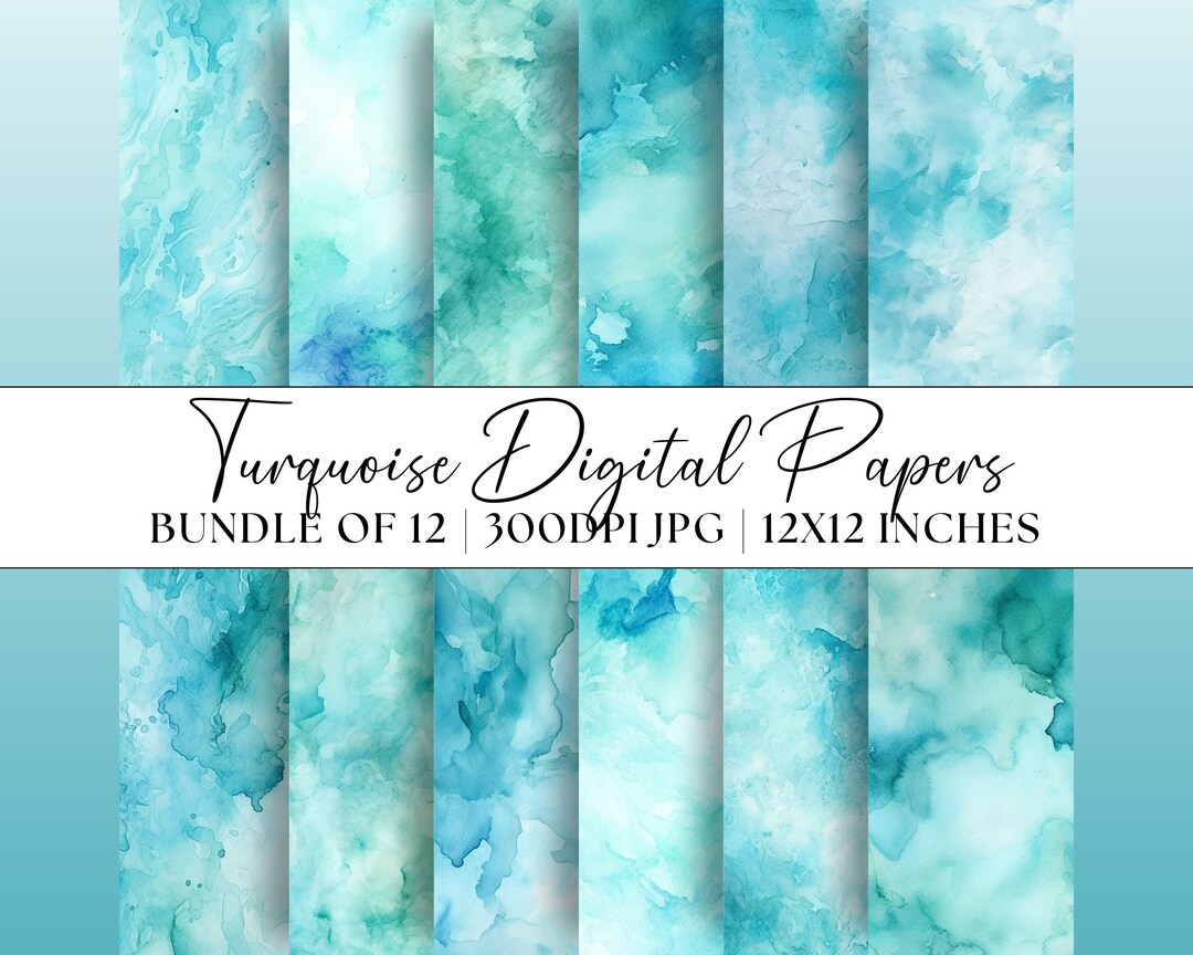 Turquoise Digital Paper, 12x JPG Watercolour Washes Patterns Clipart ...
