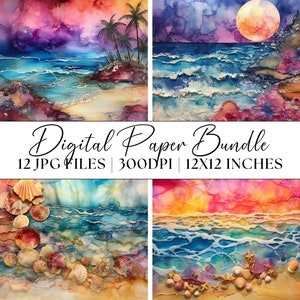 Papel digital con temática de playa 12x JPG patrones Shell Clipart gráficos fondos abstractos alcohol tinta ilustraciones textura descarga instantánea