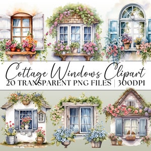 Clipart de fenêtre de chalet, aquarelle Cottagecore Style Transparent 20 x PNG formes Bundle ferme thème fête d'anniversaire invite des Images de mariage