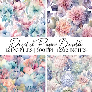 Papel digital de acuarela floral, 12x JPG Patrones de flores pastel Clipart Descarga instantánea de gráficos Texturas de ilustración de fondo abstracto