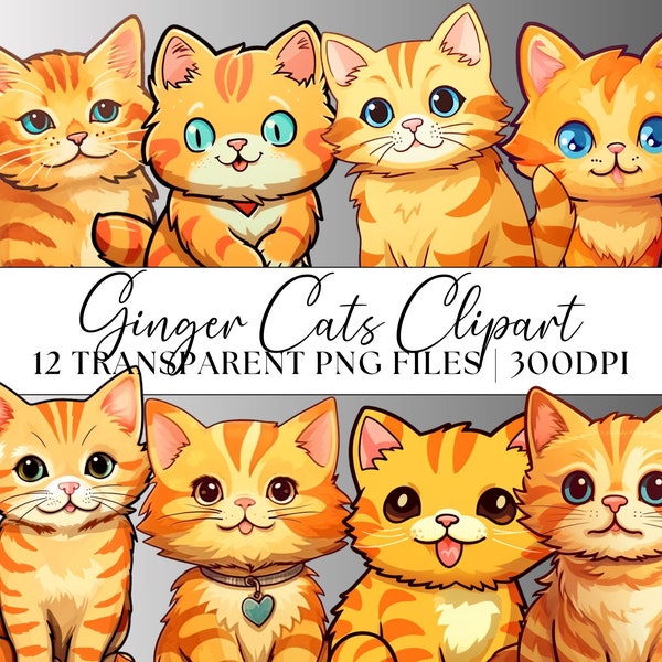 Ginger Cats Clipart, Cartoon Style Kittens Transparent 12x PNG Shapes Bundle Kitty Theme Kids Presents Birthday Party Invites Wedding Images