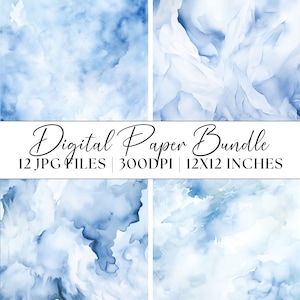 Ice Blue Watercolour Splashes Digital Paper, 12x JPG Patterns Clipart Abstract Backgrounds Illustration Textures Instant Download Graphics