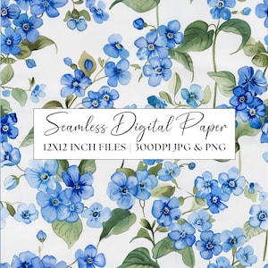 Forget-Me-Nots Digital Paper,  Blue Florals Seamless Pattern, Blue Flower Wedding Invites Party Stationery Repeating Background Scrapbooking