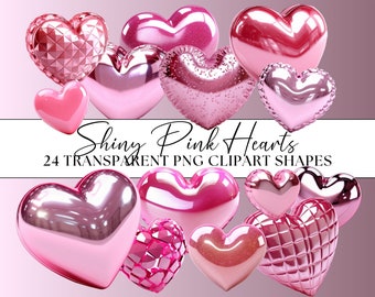 May include: A set of 24 shiny pink heart-shaped clipart images. The hearts are in various styles, including textured, glittery, and smooth.  Shiny Pink Hearts 24 TRANSPARENT PNG CLIPART SHAPES