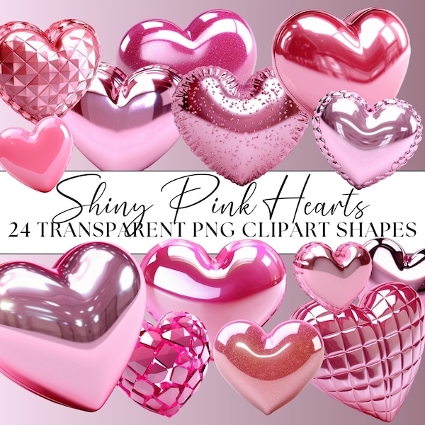 Pink Hearts Clipart Bundle, Objects Crafting Wedding Love Valentines Day 24x Transparent PNG Shiny Chubby 3D Hearts Set Commercial Use