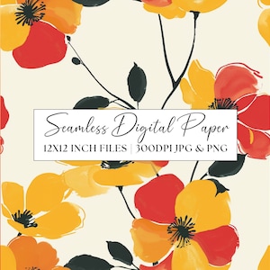 May include: Seamless digital paper pattern featuring a repeating design of yellow and red watercolor flowers with black stems on a white background. The text "Seamless Digital Paper 12x12 inch files | 300dpi JPG & PNG" is displayed in a white rectangle.