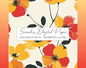 Abstract Flower Seamless Pattern, Digital Paper Clipart, Vibrant Red Yellow Garden Florals, Wedding Invitation Repeat Background, Scrapbook