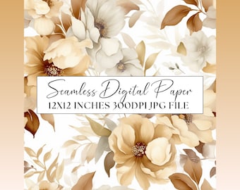 Beige Floral Digital Paper, Neutral Seamless Pattern, Vintage Style Clipart, Wedding Invitation Repeating Background Scrapbooking Paper