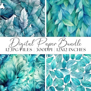 Green Leaves Digital Paper, 12x JPG Foliage Patterns Printable Greenery Background Leaf Illustration Textures Clipart Instant Download