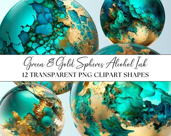 Green and Gold Alcohol Ink Spheres, PNG Clipart Shapes Objects 12 Colourful Instant Digital Download Transparent Background Liquid Texture