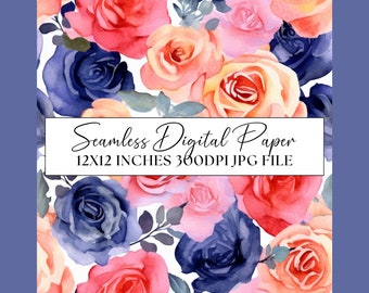Blue Roses Seamless Pattern, Watercolour Digital Paper, Pink Peach Floral Clipart  Background Scrapbooking Repeating Pattern, Commercial Use