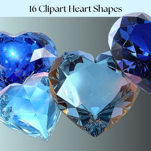 May include: Four heart-shaped blue and light blue crystal gems. The gems are faceted and have a shiny, reflective surface.