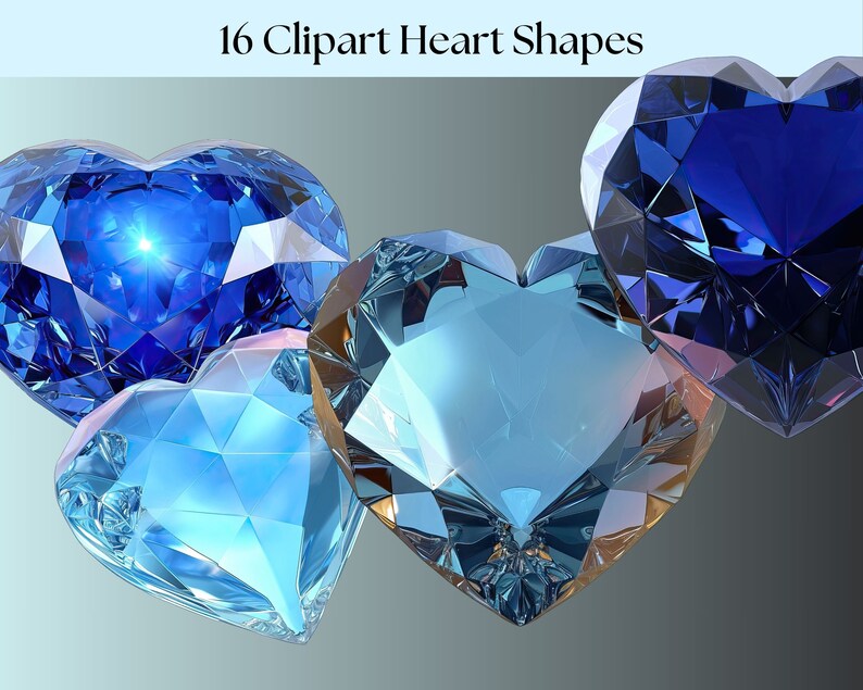 May include: Four heart-shaped blue and light blue crystal gems. The gems are faceted and have a shiny, reflective surface.