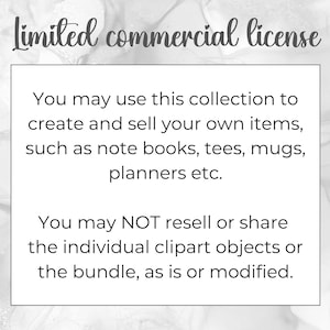 May include: A text-based image outlining the terms of a limited commercial license for a collection of digital clipart. The license allows for the creation and sale of physical items such as notebooks, t-shirts, mugs, and planners. It prohibits the resale or sharing of individual clipart objects or the bundle.