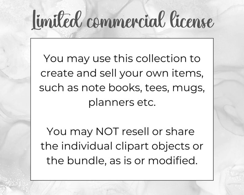 May include: A text-based image outlining the terms of a limited commercial license for a collection of digital clipart. The license allows for the creation and sale of physical items such as notebooks, t-shirts, mugs, and planners. It prohibits the resale or sharing of individual clipart objects or the bundle.