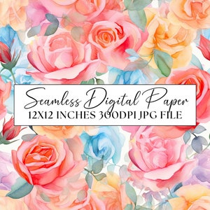 Pink Roses Seamless Pattern, Watercolour Digital Paper, Peach Floral Clipart  Background Scrapbooking Repeating Pattern, Commercial Use