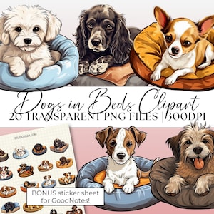 Dog Bed Clipart, GoodNotes Sticker Sheet, 20 Transparent Cartoon PNG Clipart for Pet Dog Lovers, Pre-Cropped Digital Planner Stickers