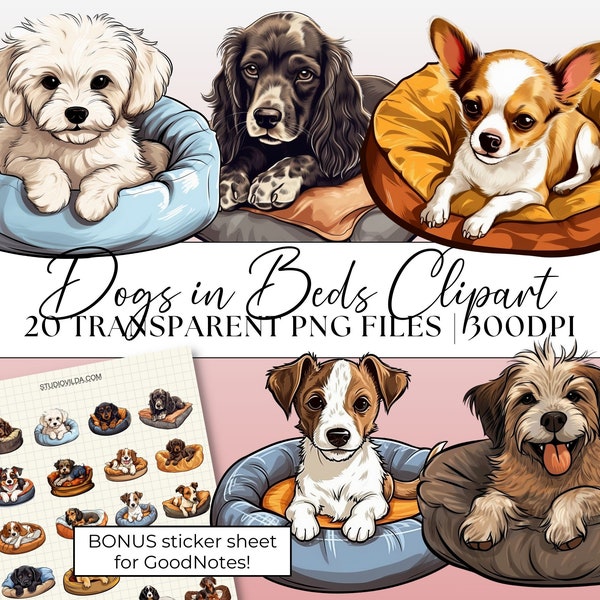 Dog Bed Clipart, GoodNotes Sticker Sheet, 20 Transparent Cartoon PNG Clipart for Pet Dog Lovers, Pre-Cropped Digital Planner Stickers