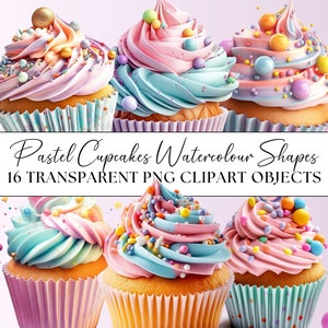 Puede incluir: Seis cupcakes de color pastel con glaseado rosa, azul y blanco. Cada cupcake está decorado con chispas y caramelos de colores. Los cupcakes están dispuestos en una fila sobre un fondo rosa claro. El texto "Pastel Cupcakes Watercolor Shapes 16 TRANSPARENT PNG CLIPART OBJECTS" se muestra debajo de los cupcakes.