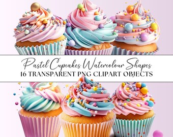 Pastel Cupcake Clipart, 16 PNG 300DPI Watercolour Shapes Objects Textures Instant Download Transparent Background Birthday Party Invitations